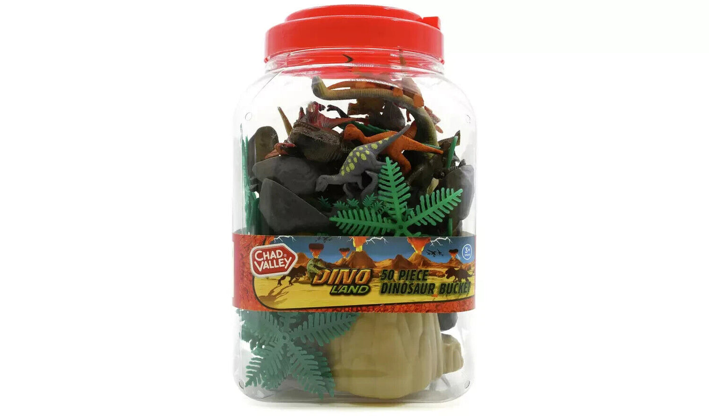 Chad Valley 50 Piece Dinosaur Bucket The Brim with Dinosaurs, Plants and Rocks