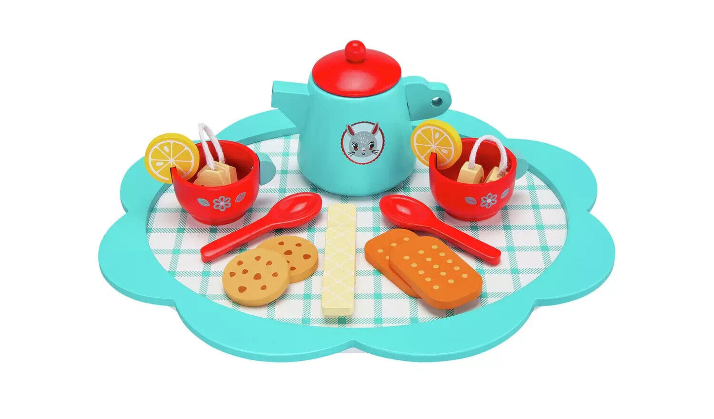 Chad Valley Wooden Tea Set Playset two tea cups, a teapot, two spoons & More...