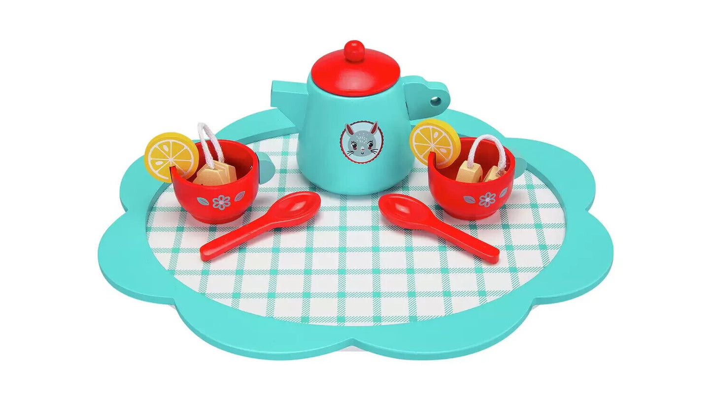 Chad Valley Wooden Tea Set Playset two tea cups, a teapot, two spoons & More...