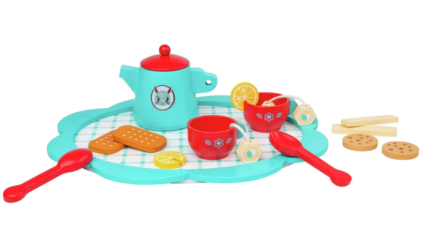 Chad Valley Wooden Tea Set Playset two tea cups, a teapot, two spoons & More...