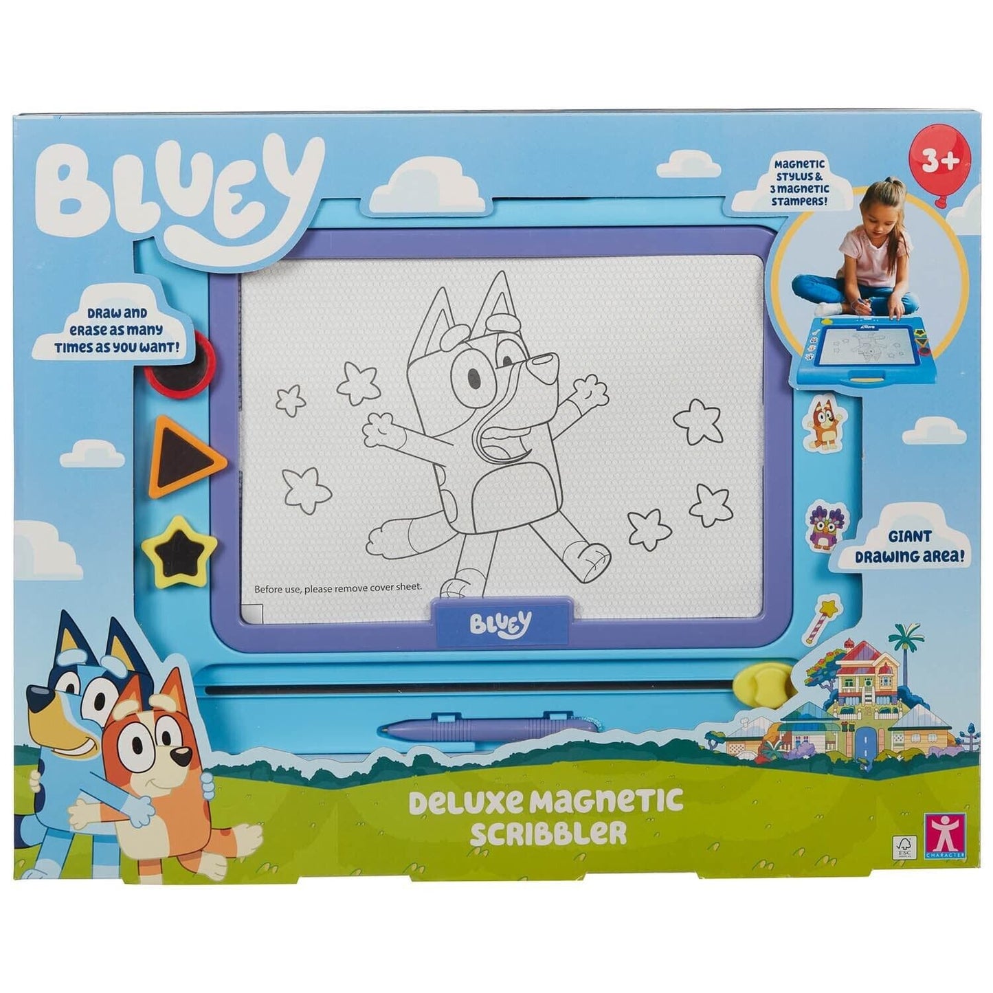 Bluey Travel Magnetic Scribbler Inc 3 Fun Shaped Stamps & Magnetic Pen For 3+Yrs