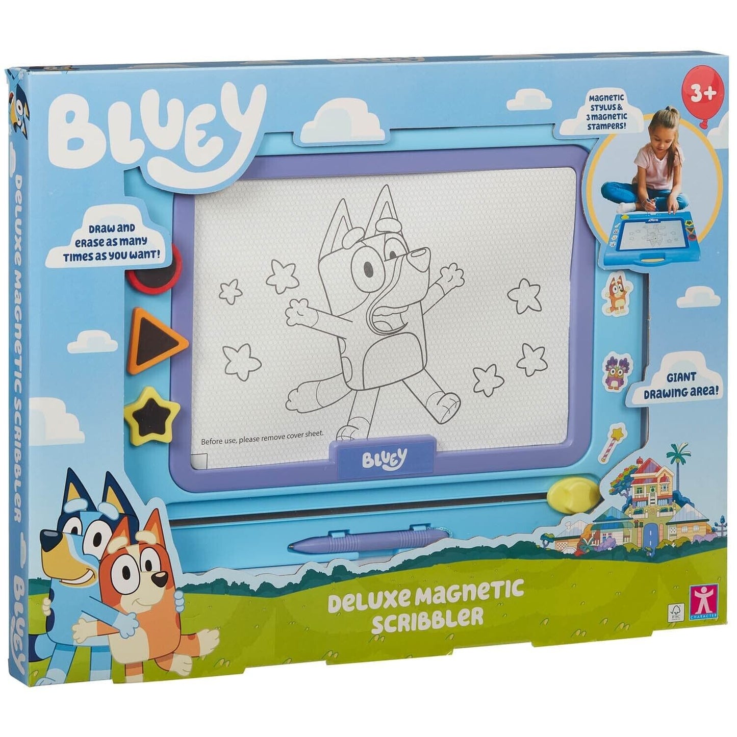 Bluey Travel Magnetic Scribbler Inc 3 Fun Shaped Stamps & Magnetic Pen For 3+Yrs