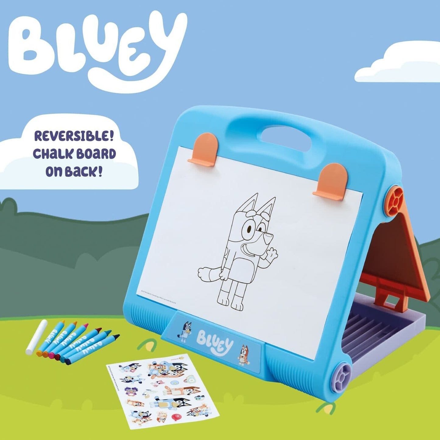 Easy Carry Bluey Table Top Easel Board, Chalk, Crayons, Colour Sheets, Stickers