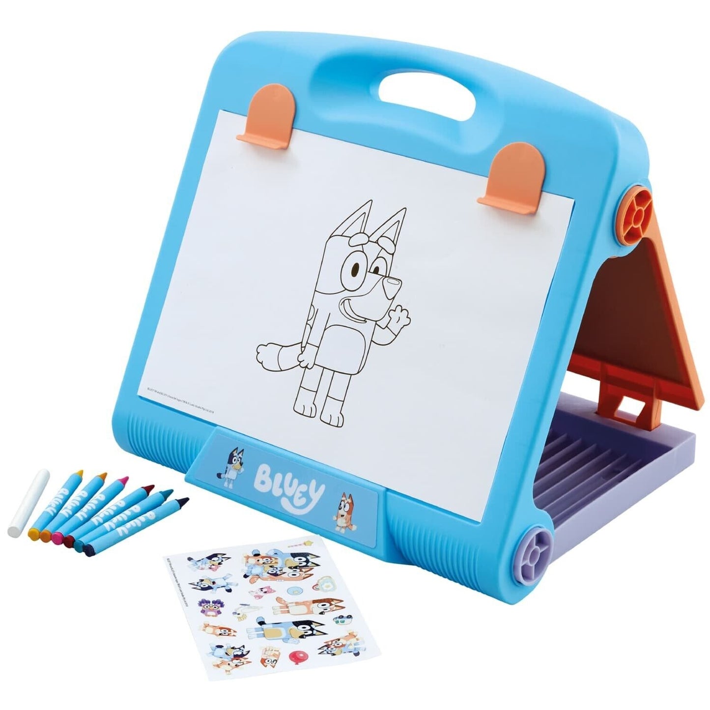 Easy Carry Bluey Table Top Easel Board, Chalk, Crayons, Colour Sheets, Stickers