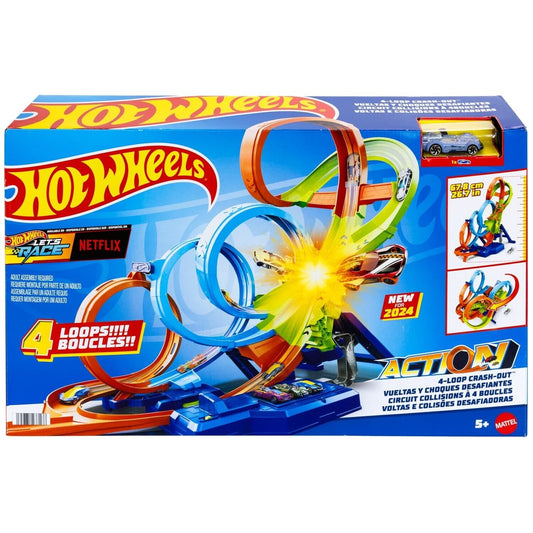 Hot Wheels Action 4 Loop Crash Out Track Playset With x1 1:64 Hot Wheels Car