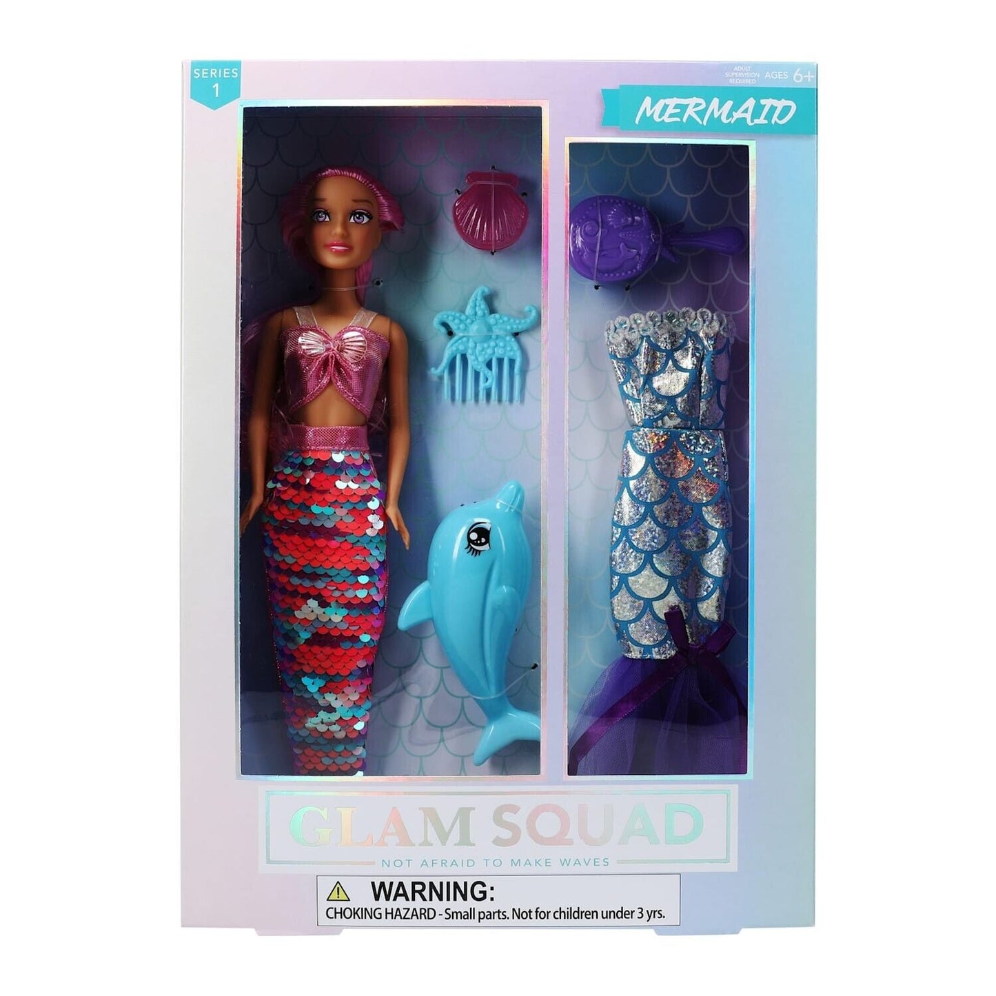 New Glam Squad Mermaid Fashion Doll With Accessories, Dolphin, Outfit Change