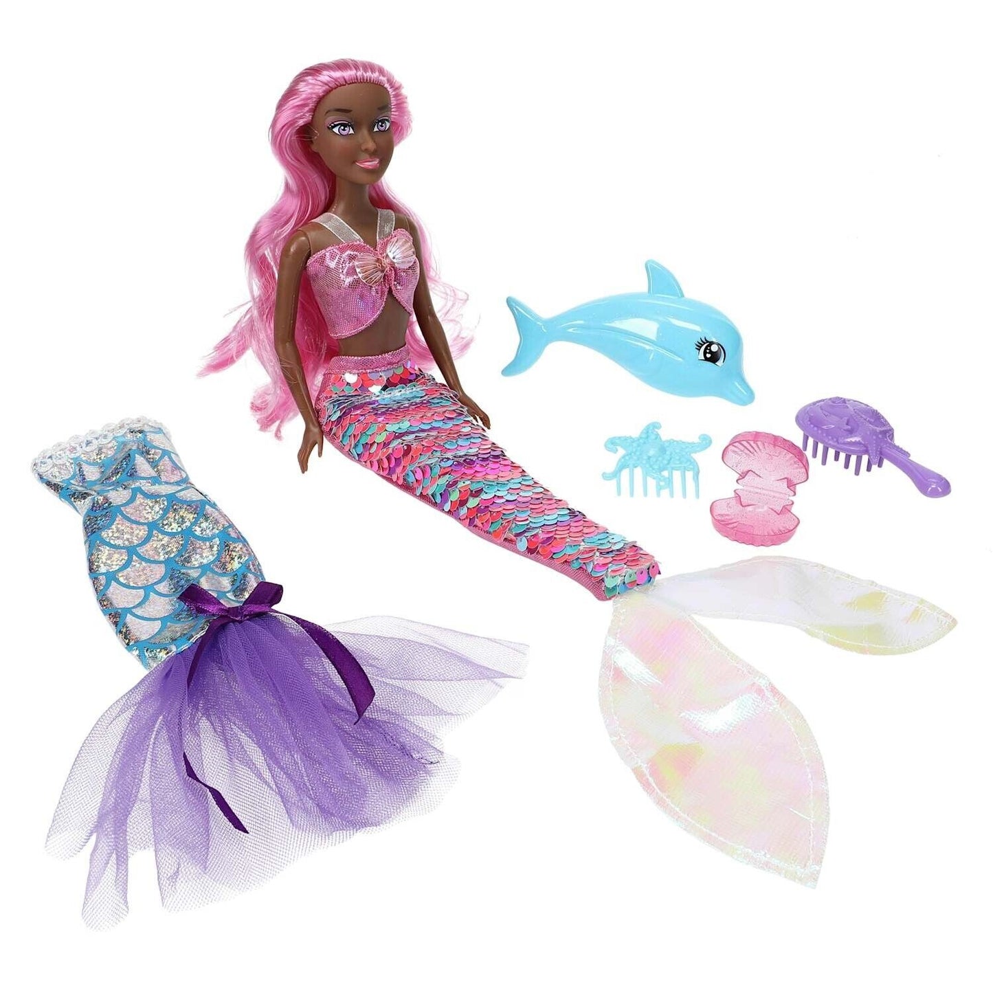 New Glam Squad Mermaid Fashion Doll With Accessories, Dolphin, Outfit Change