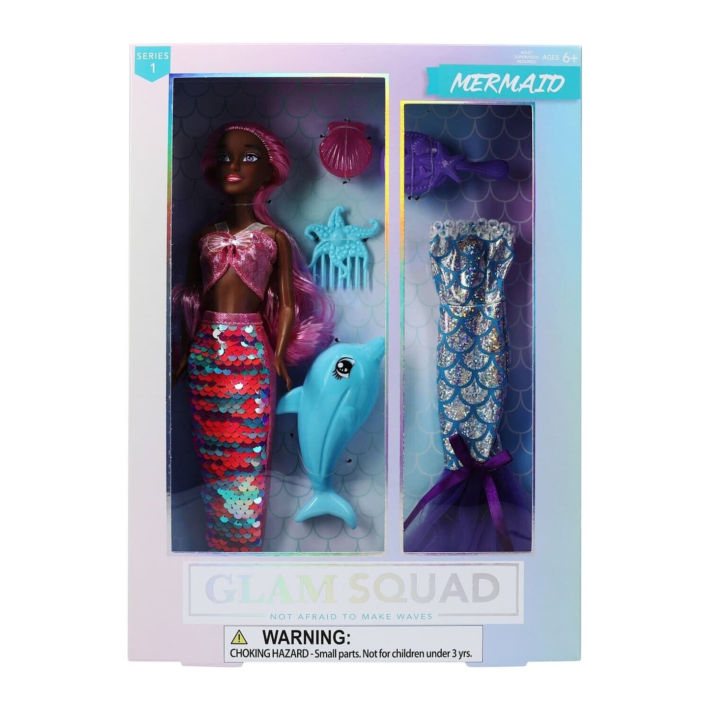 New Glam Squad Mermaid Fashion Doll With Accessories, Dolphin, Outfit Change